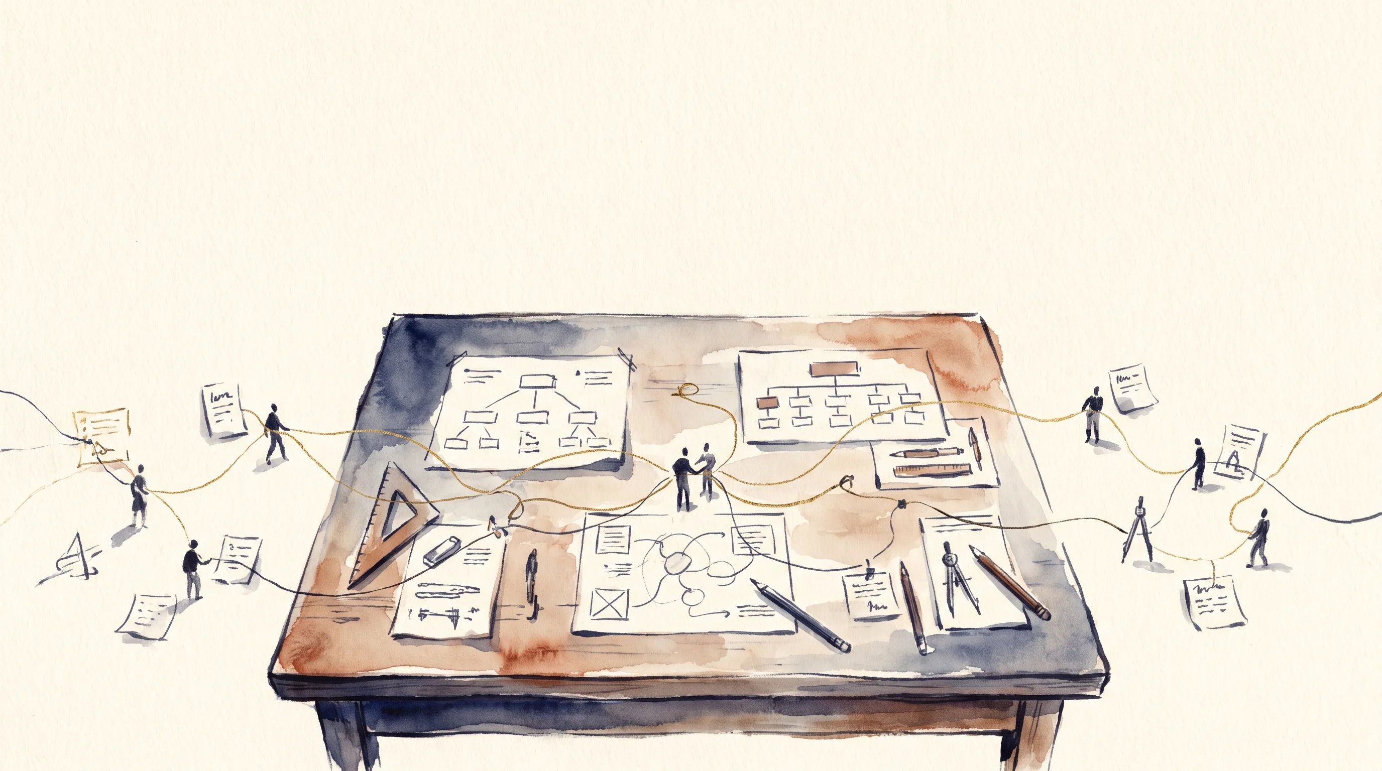 Ink-wash and watercolor on warm paper: a drafting table seen from above, spread with drawn diagrams and instruments; small figures around its edges pass golden threads across the work, and one thread rises off the table toward the headline.